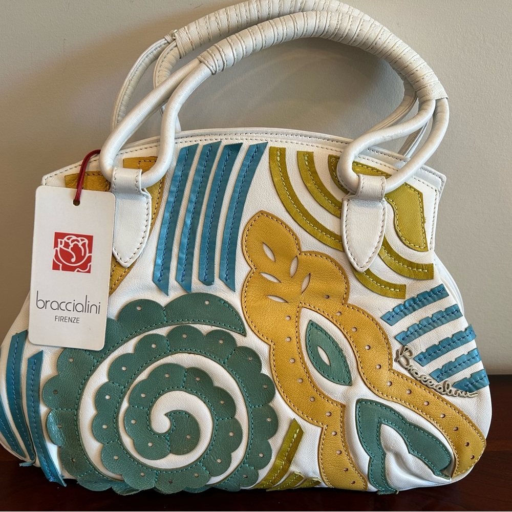NWT Braccialini White and Multicolor Leather Bag